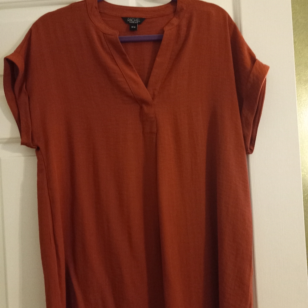 Great for fall! Rachel auburn long tunic,shirt sleeve,linen/rayon, cuffed